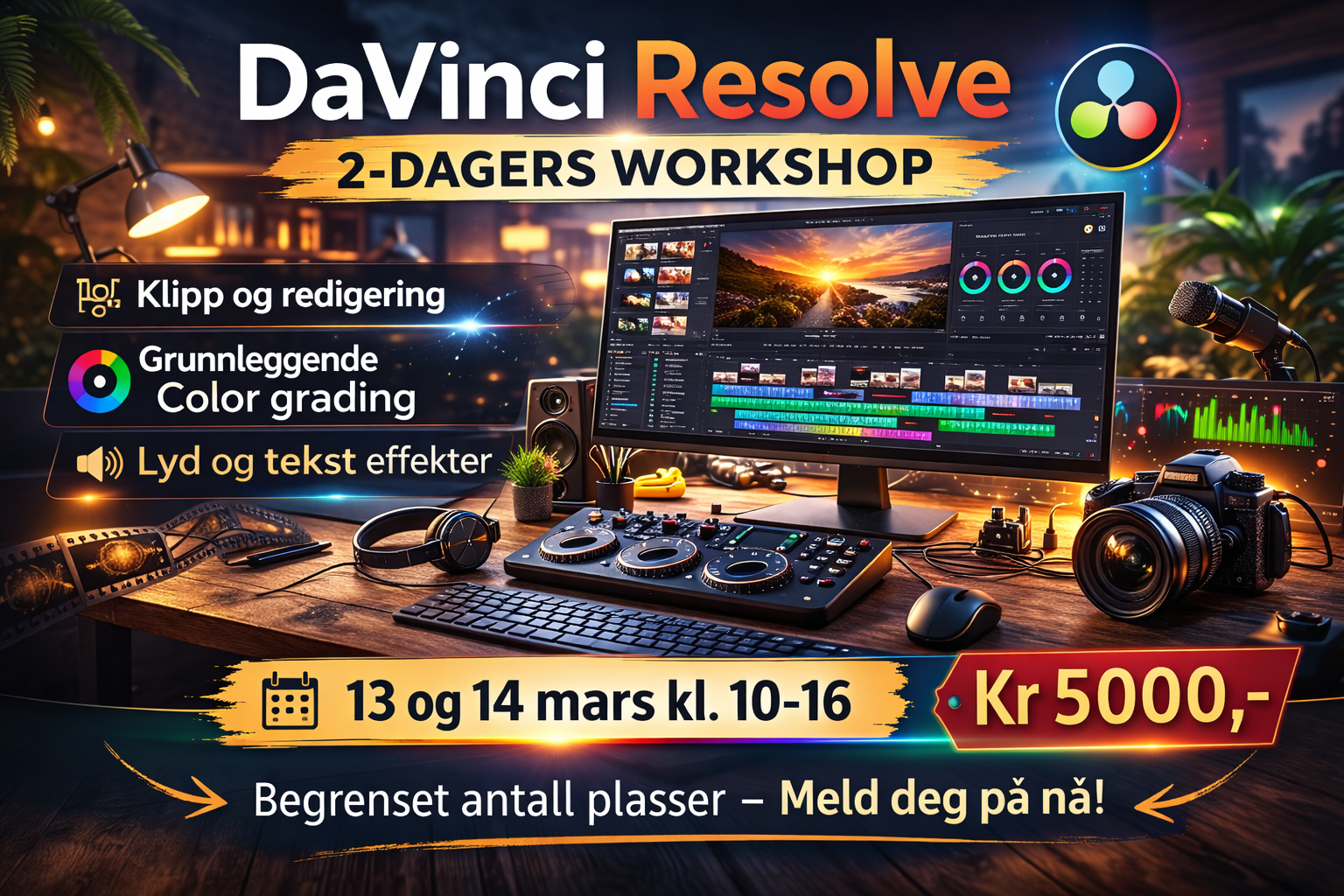 DaVinci Resolve 2-dagers workshop med fokus på videoredigering, grunnleggende color grading, lyd og teksteffekter – 13. og 14. mars kl. 10–16.