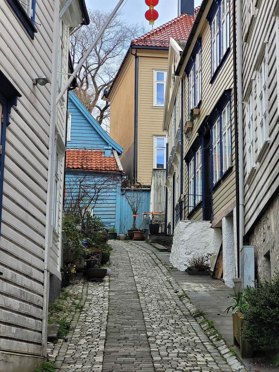 Et klassisk bergensk smau med brostein, trehus og fine farger som leder blikket innover i motivet.